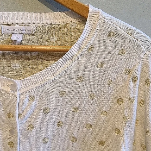 NEW York & Company White/Gold Polka Dot Cardigan - Picture 2 of 7